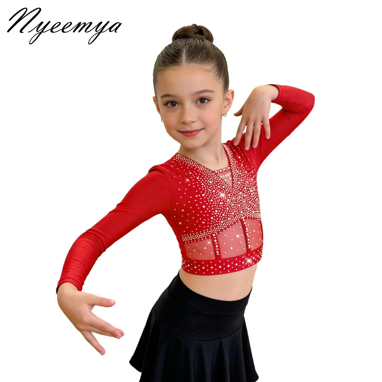 

Kids Girls Latin Dancewear Jazz Hip-hop Dance Costume Ballet Dance Performance Tops Long Sleeve Sequins Crop Top Athletic Shirts