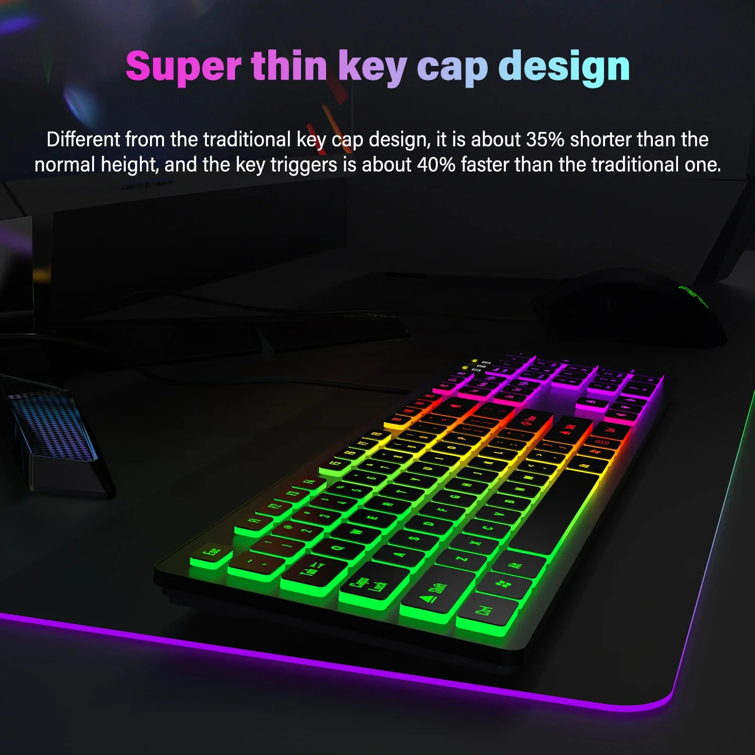 لوحة مفاتيح ألعاب الكمبيوتر بإضاءة خلفية RGB كتم لوحة مفاتيح سلكية USB مكتب المنزل الروسية الفرنسية الإسبانية الألمانية العربية الإنجليزية