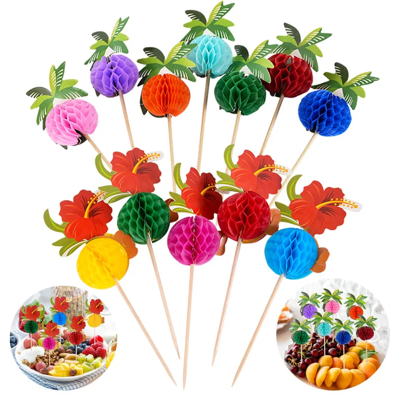 50pcs Hawaiian Food Fruit Toothpick Summer Flower Coconut Tree Cocktail Bamboo Toothpicks For Tropical Wedding Party Cake Decor