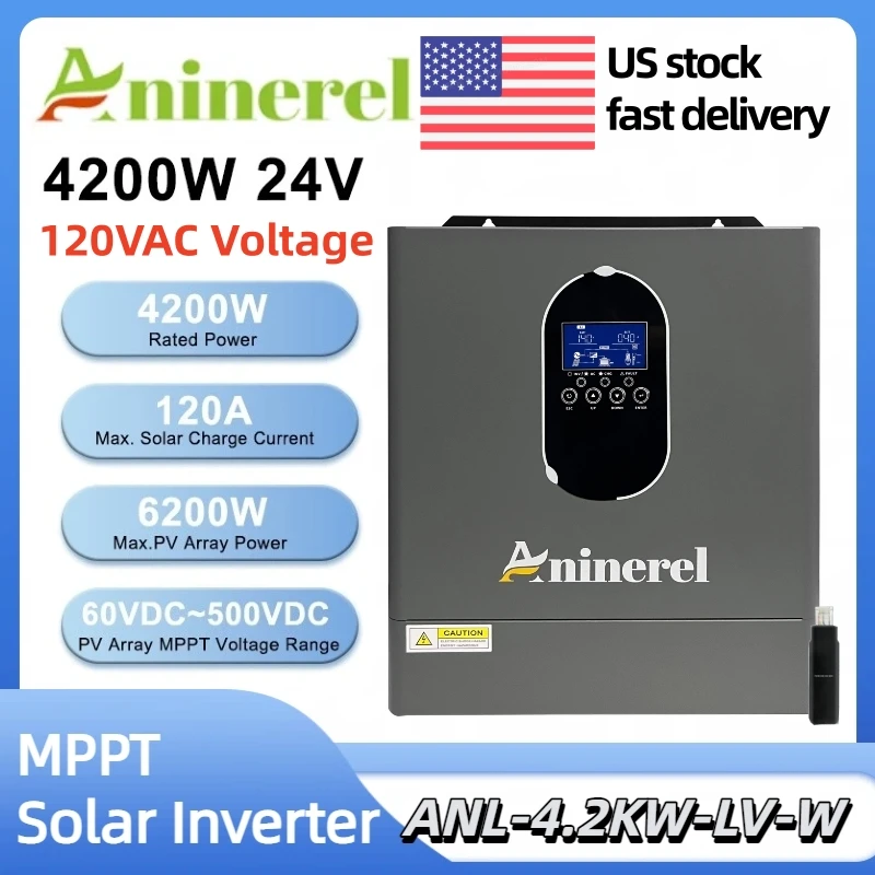 Aninerel NEW 4.2kw Hybrid Solar Inverter 110V-120v 24V On/Off Grid built-in MPPT 120A 60-500V 50/60hz Home Inversor Pure Sine Wave