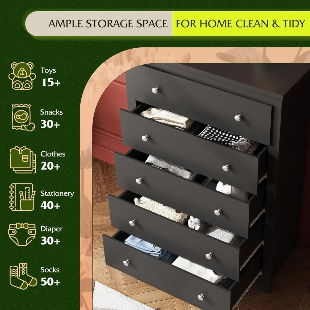 cassettiera in legno con 5 cassetti, mobile portaoggetti in legno nero, cassetti organizer per camera da letto, soggiorno, corridoio, misurazione 15,75