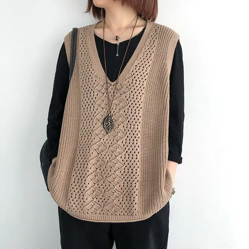 Vintage Hollow Out Knitted Sleeveless Sweater Vest Korean Fashion Spring Autumn Women Loose V-Neck Thin Casual Pullover Jersey