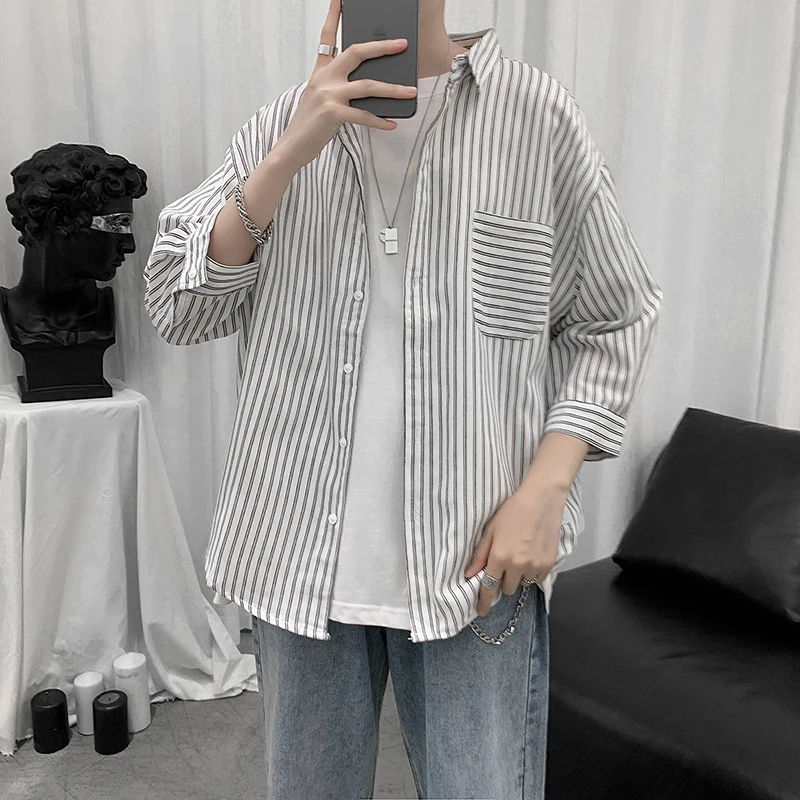 Trendy Casual Men's Shirt Stripe Pattern Half Sleeve Fashionable Versatile Spring Youth  Print No Iron Treatment