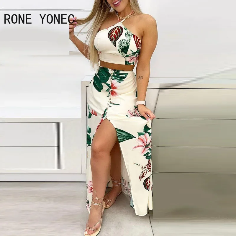 Women Casual Sleeveless Crop Tops Floral Print Halter Lace Up cris cross button high silt Skirt Maxi Vacation Skirt Sets