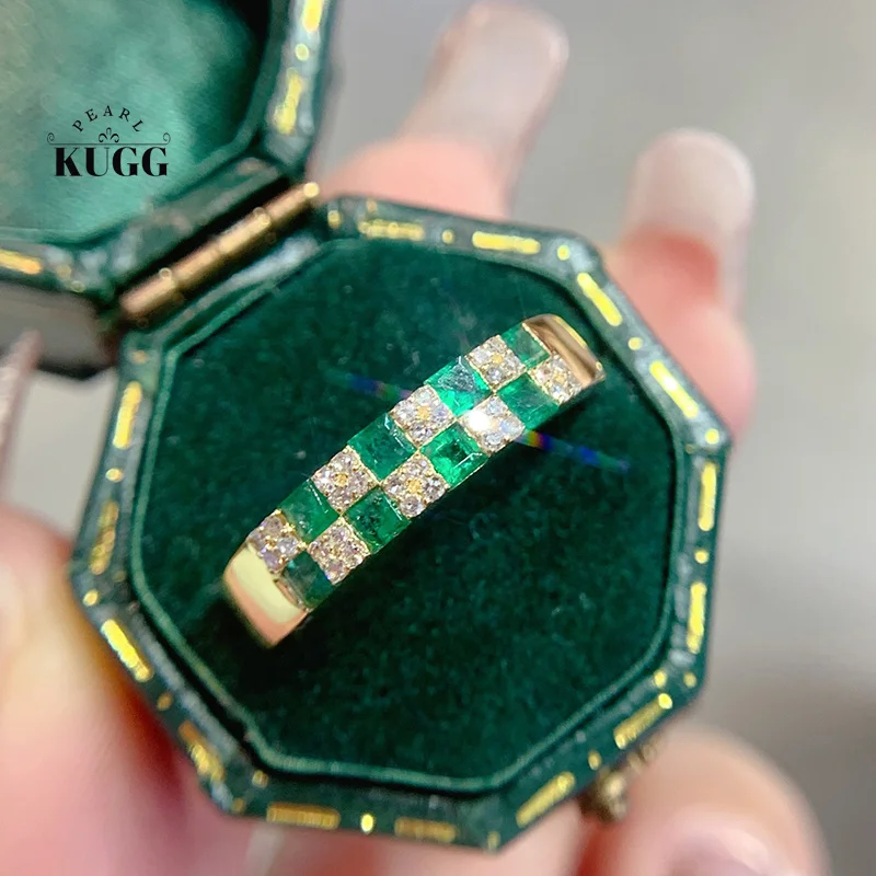

KUGG 100% 18K Yellow Gold Rings Fashion Vintage Style Shiny Diamond Natural Emerald Ring for Women High Anniversary Gift