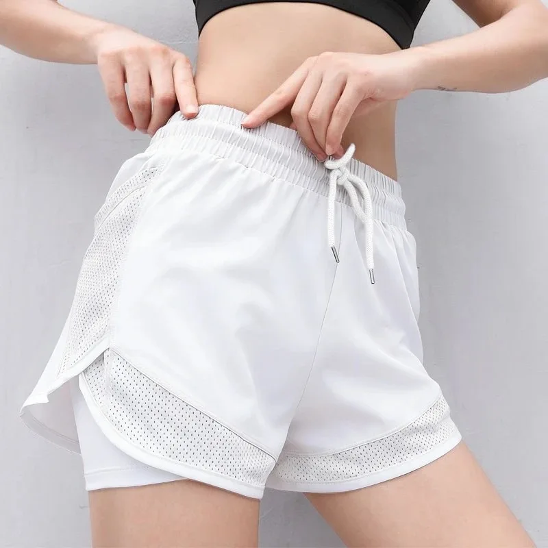 2 in 1 Mesh Panel Women Athletic Shorts Quick Dry Anti-Ride Up Lined Gym Yoga Short Pants