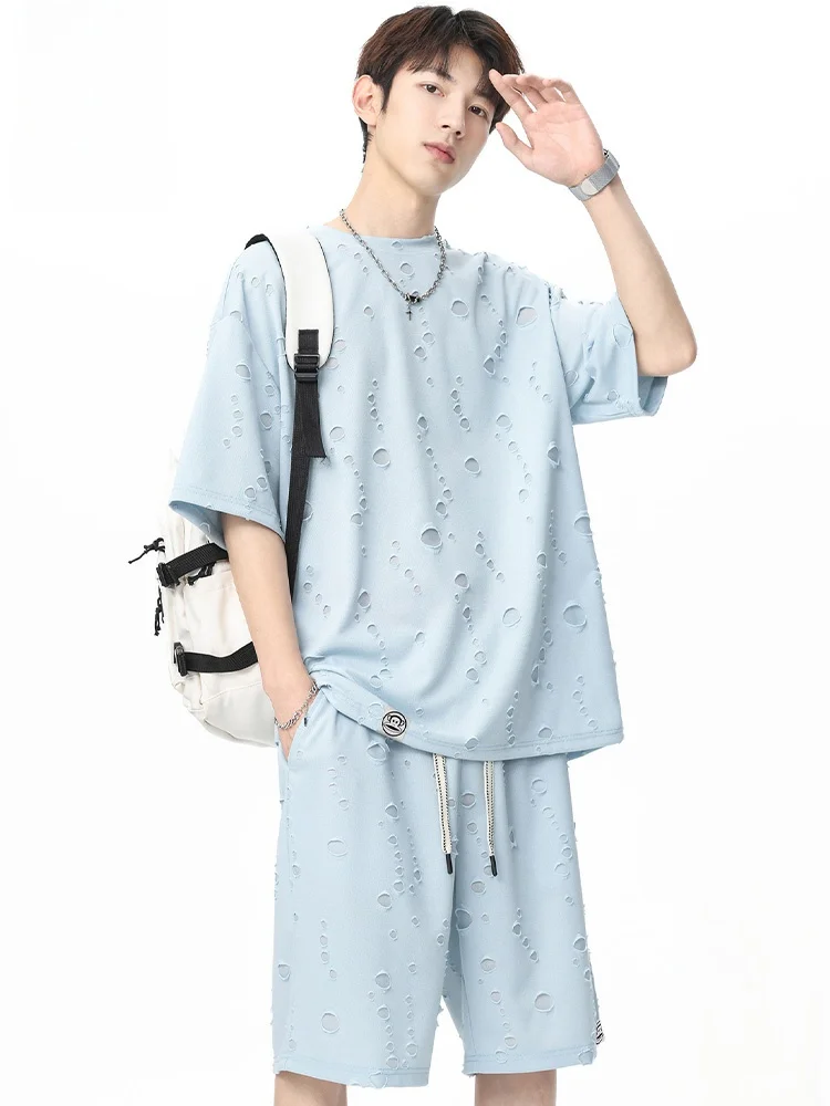 

Summer 2025 Men's Casual Wear T-irt orts Set Polyester Fabric Hole Design Comfortable Breathable Sportswear