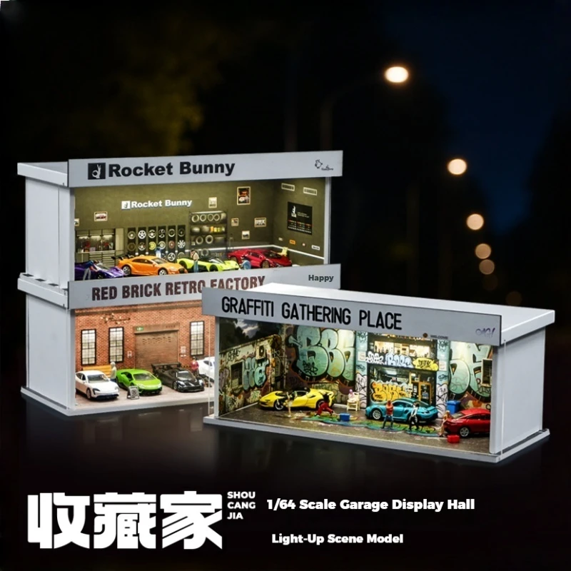 Coletor 1:64 modelo de cena em miniatura de oficina de carro, simulação de estacionamento com luzes, caixa de exibição de armazenamento de garagem