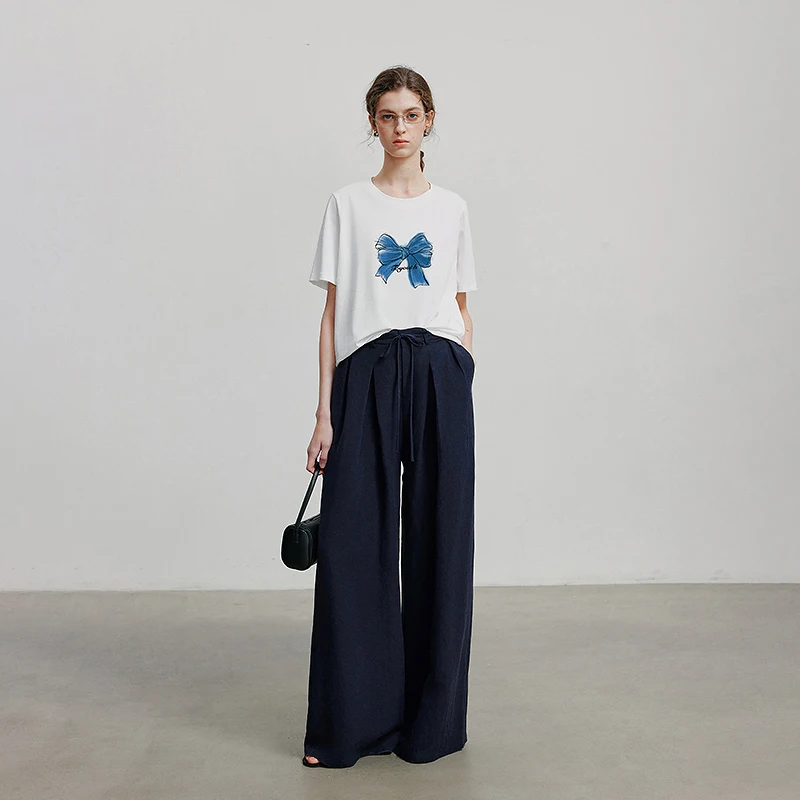 토유스 여성 반팔 티셔츠 2025 여름 신상 리본 프린트 코튼 캐주얼 만능 티셔츠 8521120