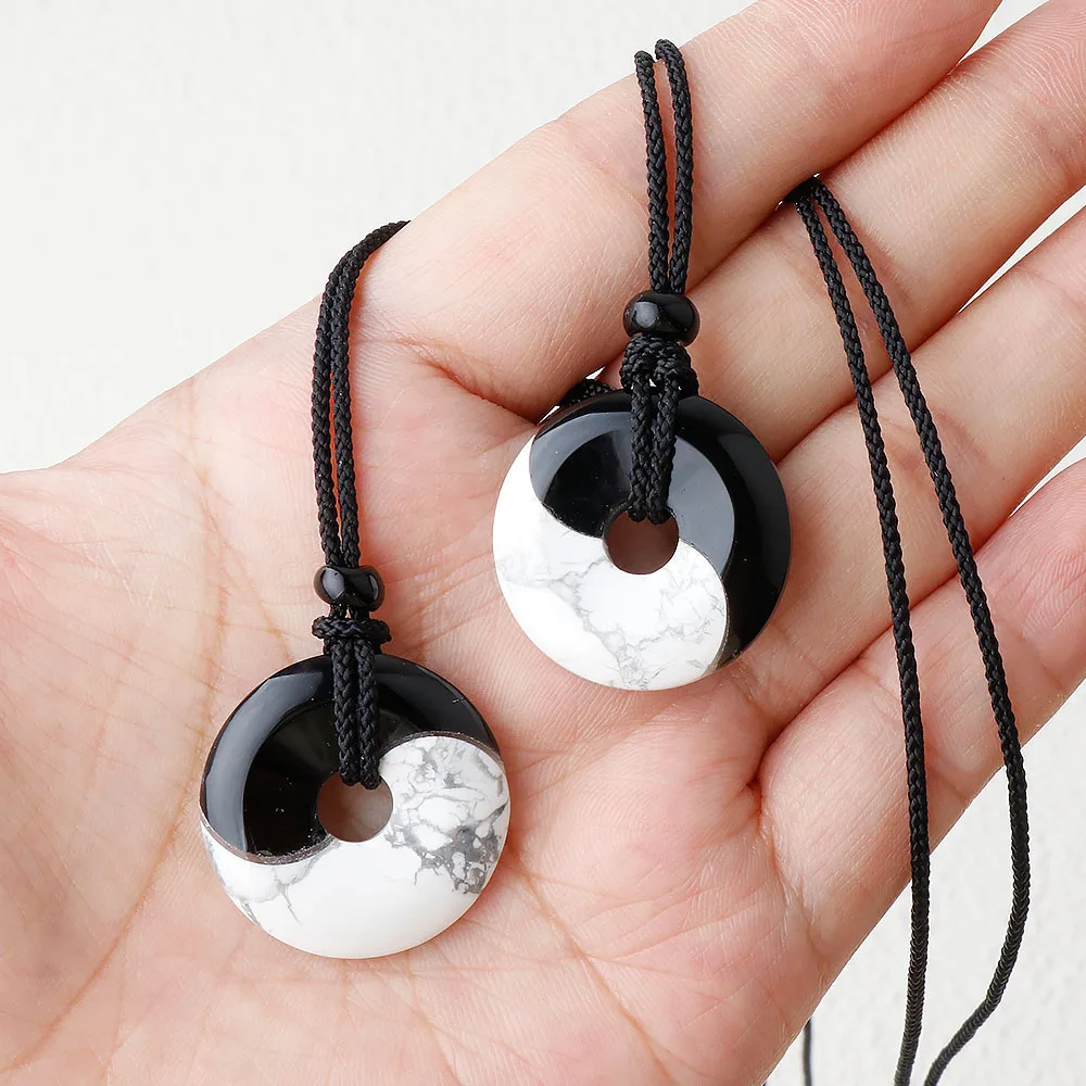 

Yin Yang Tai Chi Donut Pendant Necklaces, Obsidian White Howlite Adjustable Braided Rope Jewelry for Men Women