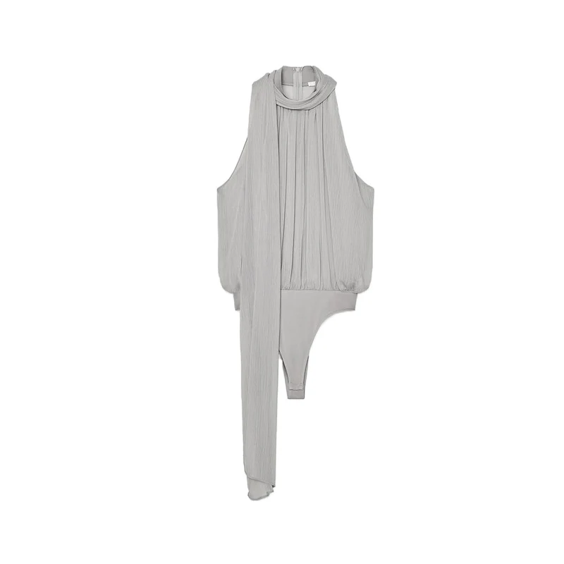 Summer New Women's Comfortable Casual One-Piece Dr Silk No-Sve Collar  Knot Polyester Fiber High Waist Long Pants