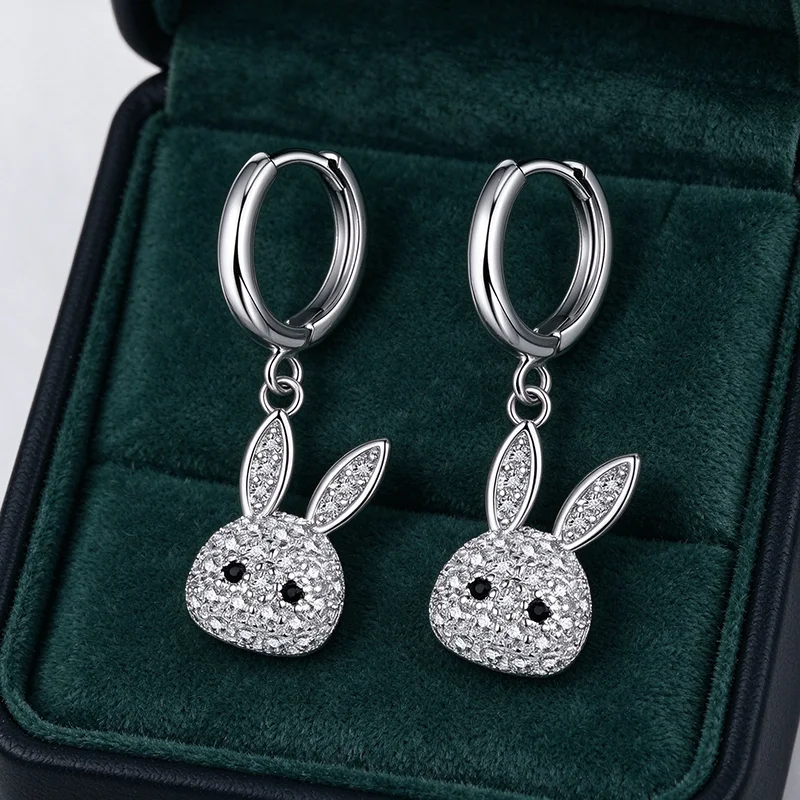 Hot Sale Crystal Cubic Zircon Rabbit Jewelry Woman Girl  925 Sterling Silver Huggie Lever Back Earrings Ear Accessories