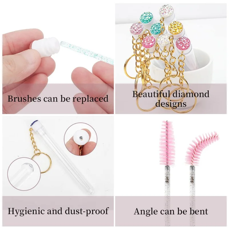 20pcs Keyring Eyelash Spoolies Brush Mascara Wand Tubes with Diamond Key Chain Eyelash Extension Makeup Tools