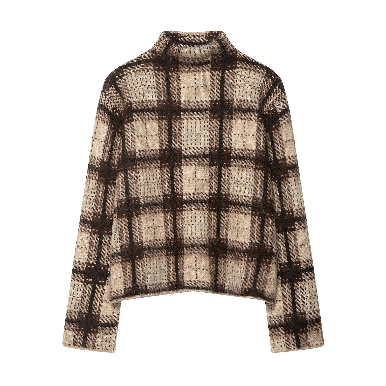 

Women's Fashionable Personality Cross-Border Style Long Sleeve Street Style Sweater Trendy Plaid Knitwear Half High Collar