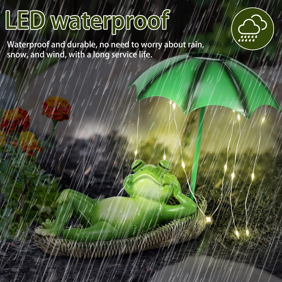 Solar Powered Frog Garden Lamp – Cute Iron Frog Holding Umbrella, LED Floor Light With Dusk-to-Dawn Sensor, Waterproof Outdoor Decor (86x19x19cm)