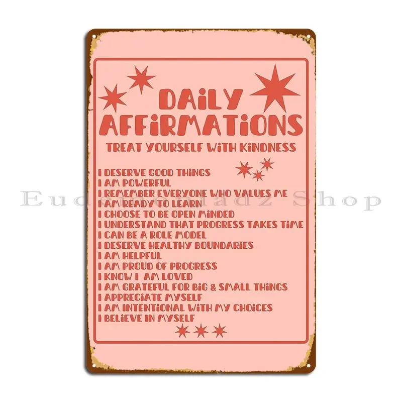 Daily Affirmations List In Retro Red And Pink Metal Sign Club Designing Character Cinema Create Tin Sign Poster