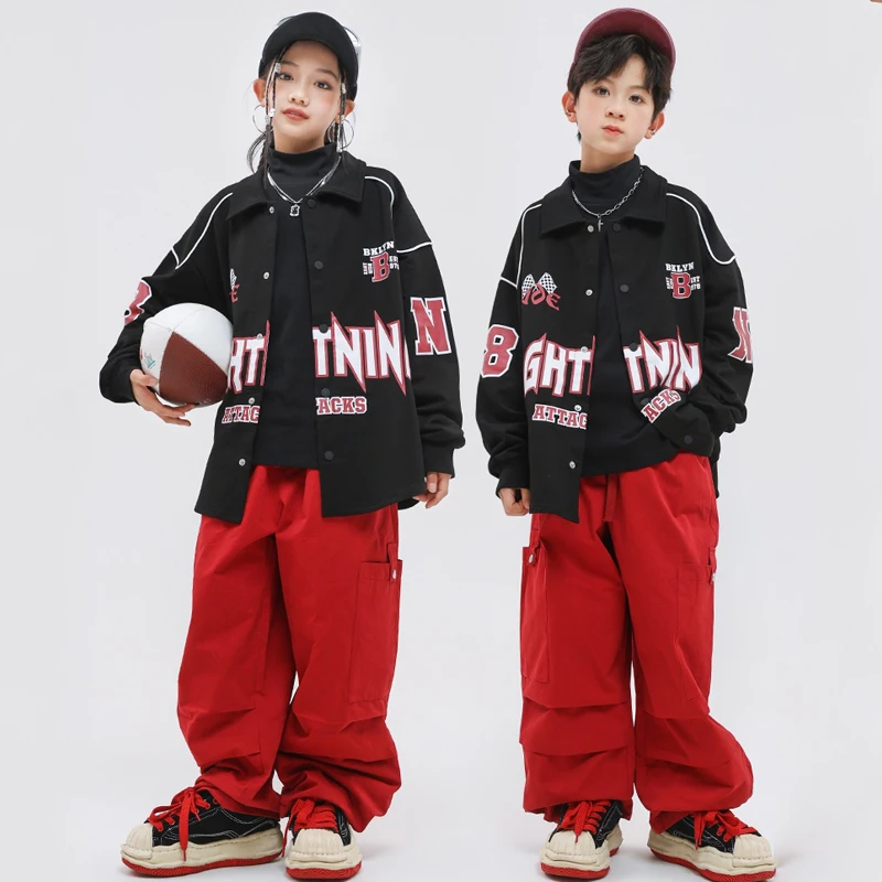 

Street Dance Hip Hop Clothing For Girls Loose Jacket Red Cargo Pants Suit Boys Modern Jazz Dance Performance Stage Wear DQS15552