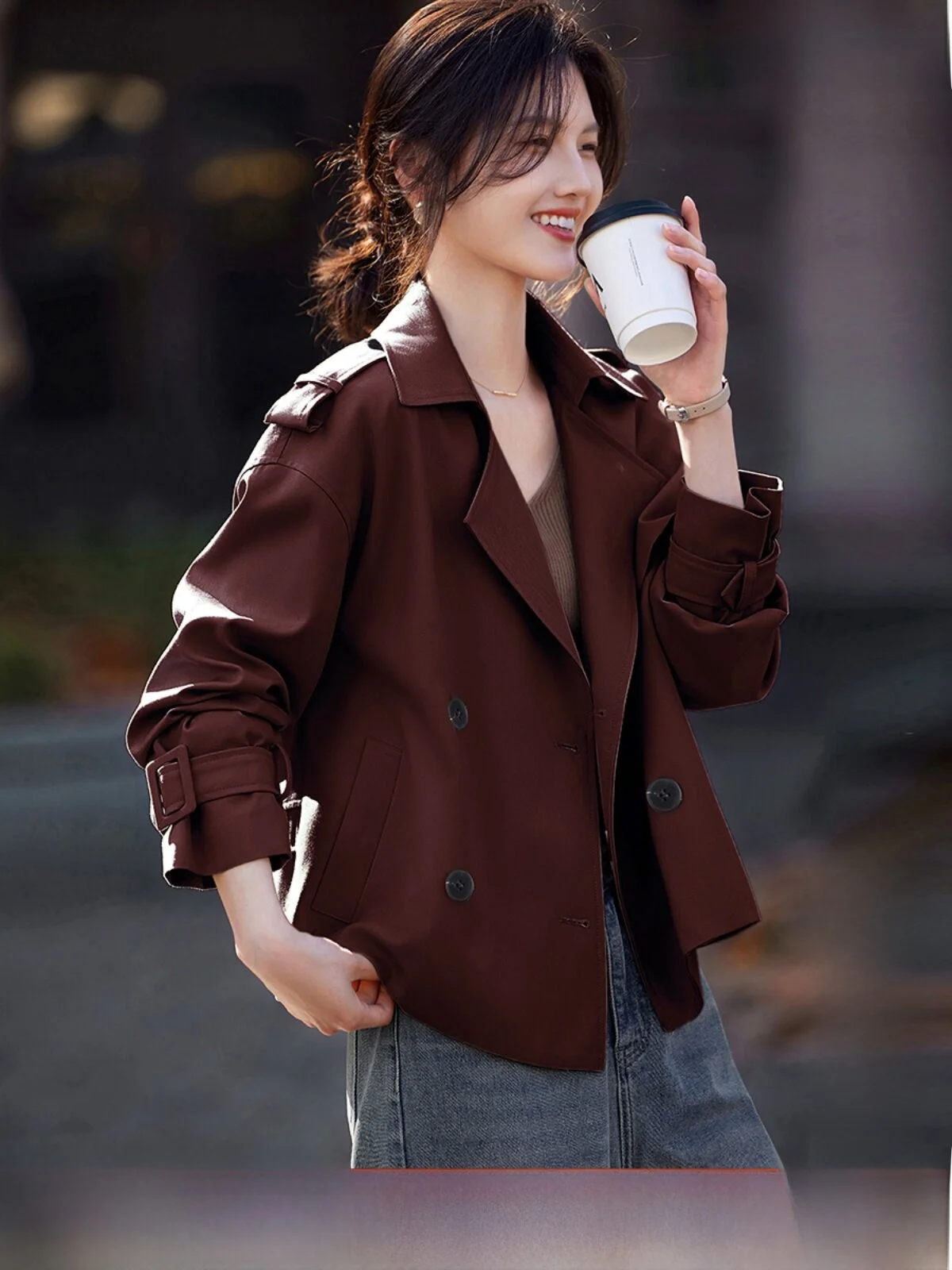 

XWI Red Windbreaker Jaet Women's Casual ort Sle Spring Faion Simple Design Commute Polyester Viscose Blend Windproof