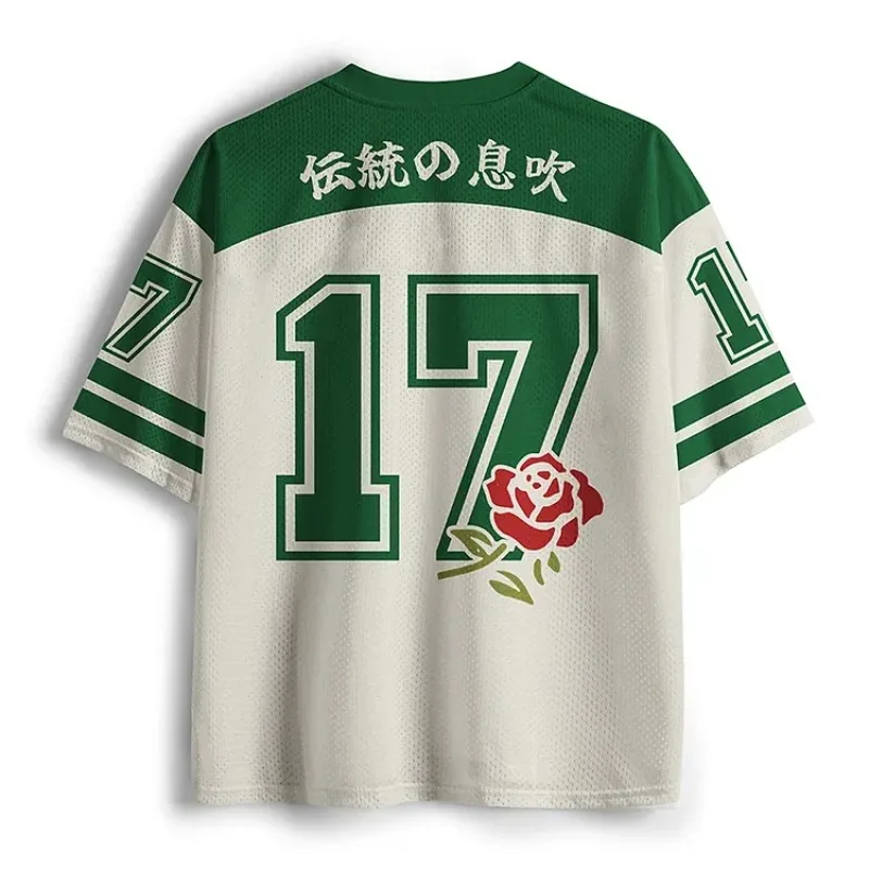 Street Retro Red Rose Peony Print Ice Hockey Jersey with Green and White Patchwork Breathable Casual Short Sleeved Shirt