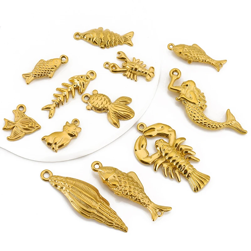 

5pcs Stainless Steel Gold Plated Fish/Lobster/Conch Charms Pendant for DIY Earring Necklace Jewelry Making Accessories Finding