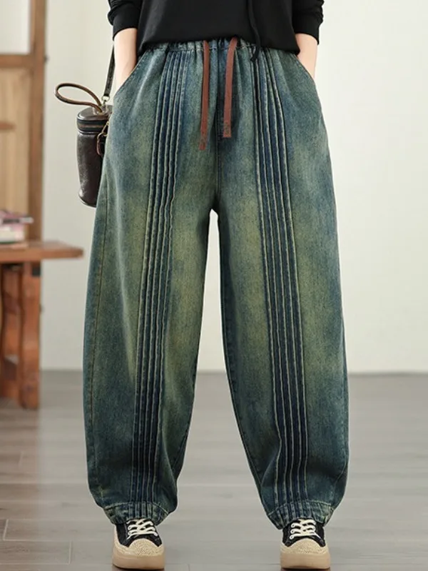 

Artistic Waed Denim Jeans Casual Dstring Harlan Pants Torn Splicing Pleated Large Size Women's Loose Cotton Trousers