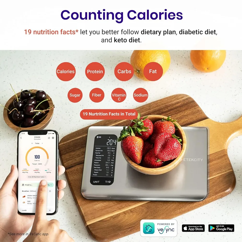 Food Kitchen Scale, Digital Grams and Ounces for Weight Loss With Smart Nutrition App, 19 Facts Tracking, Baking, Cooking