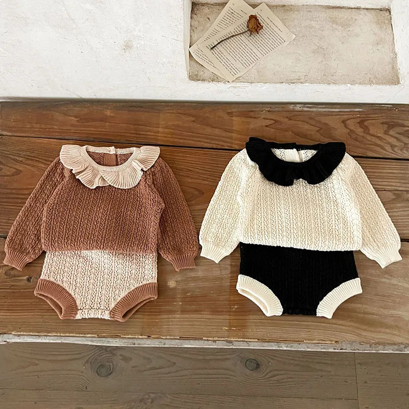 2024 New Autumn Korean Style Toddler Baby Girl Clothes Suit Long Sleeved Knitted Pullover+Shorts Newborn Baby Girls Clothing Set