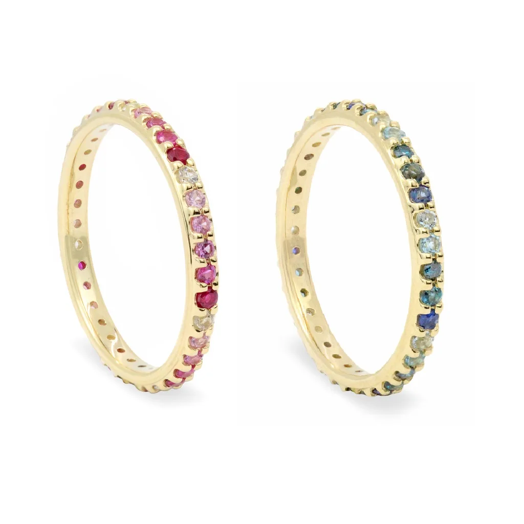 Gold Vermeil 925 Sterling Silver Colorful Jewelry Degrade Gradient Pink Blue Rainbow CZ Paved Slim Eternity Band Stacking Ring