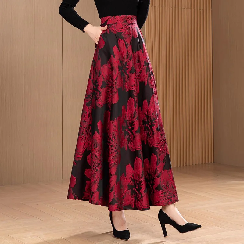 신상 여성 빈티지 플로럴 롱 스커트 가을 패션 하이웨이스트 A라인 캐주얼 프린트 스커트 우아 심플함 데일리 스커트 여성