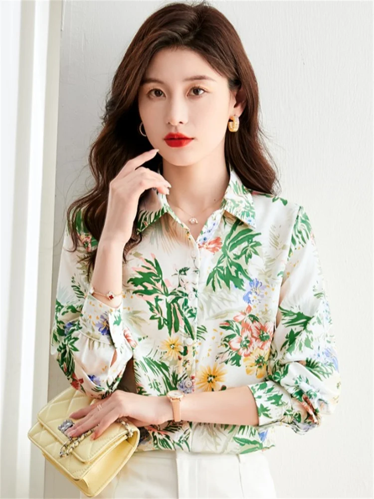 

Spring Summer 2026 Women's Long Sve irt Floral Print Turn-down Collar Ele Design Sweet Sle Straight Cut Full Length