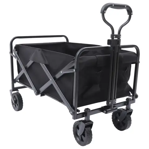 5-inch Rubber Wheel Folding Trolley, Adjustable Handle and 2 Cup Holders, Black Utility Wagon, Beach Wagon