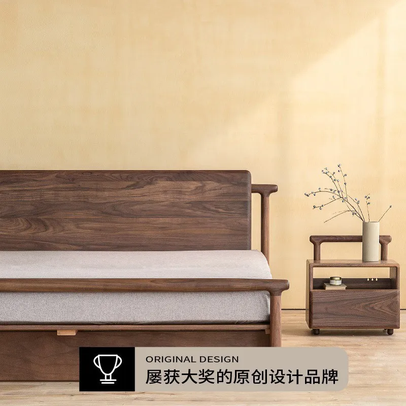 Nordic modern simple Japanese log storage North American black walnut ash double bed Master bedroom simple solid wood bed