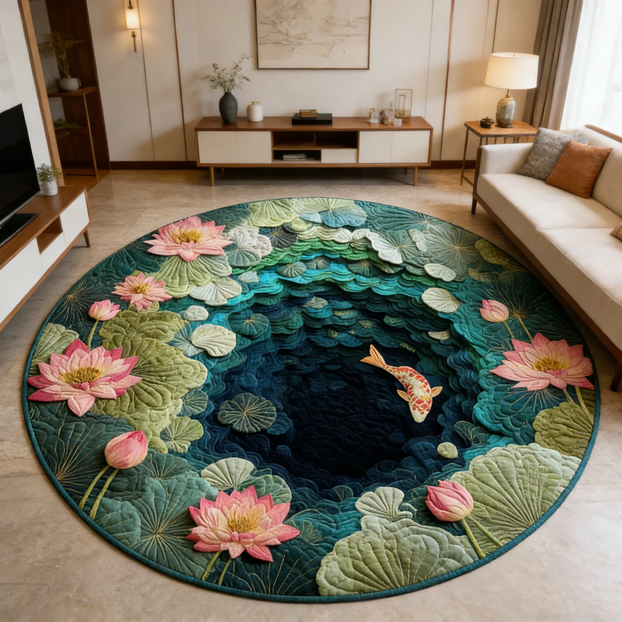 3D Koi Fish & Lotus Round Rug - Visual Illusion Anti-Slip Decorative Floor Mat for Bedroom and Living Room Decor