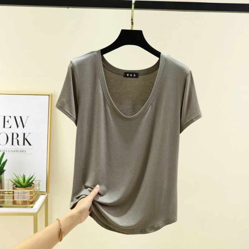 Summer Pure Color Modal Short-Sleeved T-Shirt for Women Large Size Suitable for Wearing as an Undergarment or over Pajamas view 6