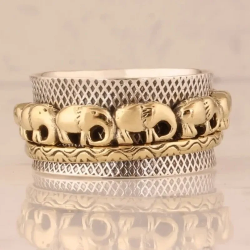 Vintage handgeschnitzter Elefanten-Ring für Damen, breit, silberfarben, geometrisches Design, für den Alltag, Party-Schmuck, Jubiläumsgeschenk