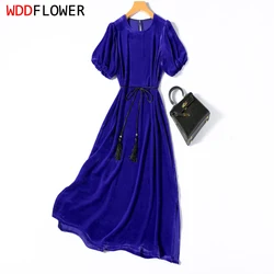 100% Mulberry Silk Lining Women Silk Velvet Midi Dress Royal Blue O Neck Belted Waist Short Sleeve Loose Long Dress M1207