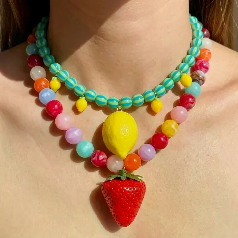 Summer Fashion Colorful Fruit Bead Necklace Handmade Beads Lemon Strawberry Pendant Necklace Choker Necklace Jewelry Accessory