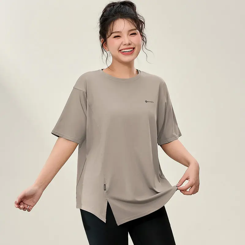 Fitness Clothing Tops for Women, Summer Large Size Short-Sleeved T-Shirts, Yoga Loose Quick-Drying Lettered Butt-Covering Sports Running Cover-Ups