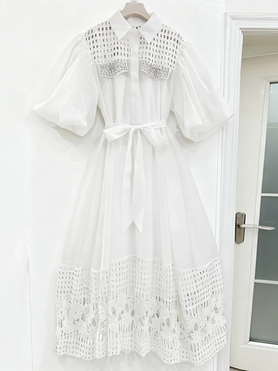 VGH elegante vestido Midi blanco de fiesta para mujer Laple media manga cintura alta Patchwork ahuecado vestidos florales ropa femenina