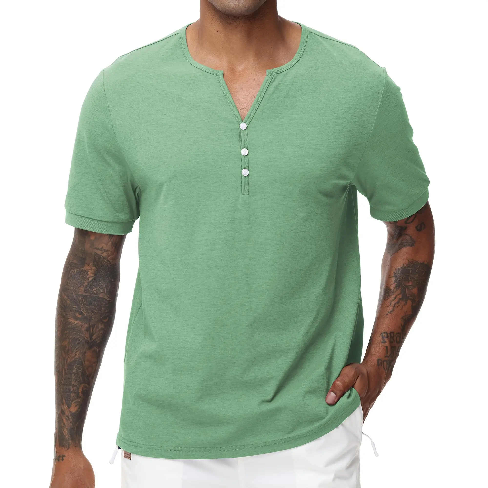 

Mens Casual Henley Shirt Breathable Comfy Solid Color Slim Fit T-Shirt, Short Sleeve Cotton Blouse for Summer