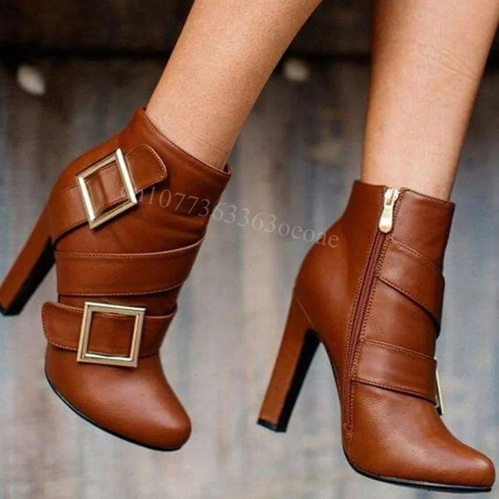 

Brown Buckle Belt Cecor Ankle Boots Matte Leather Shoes for Women Chunky High Heels Fashion Shoes 2024 Zapatos Para Mujere