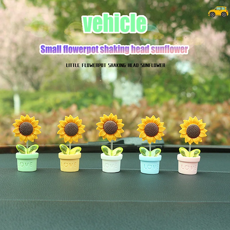 1PC Cute Car Center Console Decoration Simulated Potted Sunflower Desk Ornaments Swinging Potted Sunflower Car Accessories