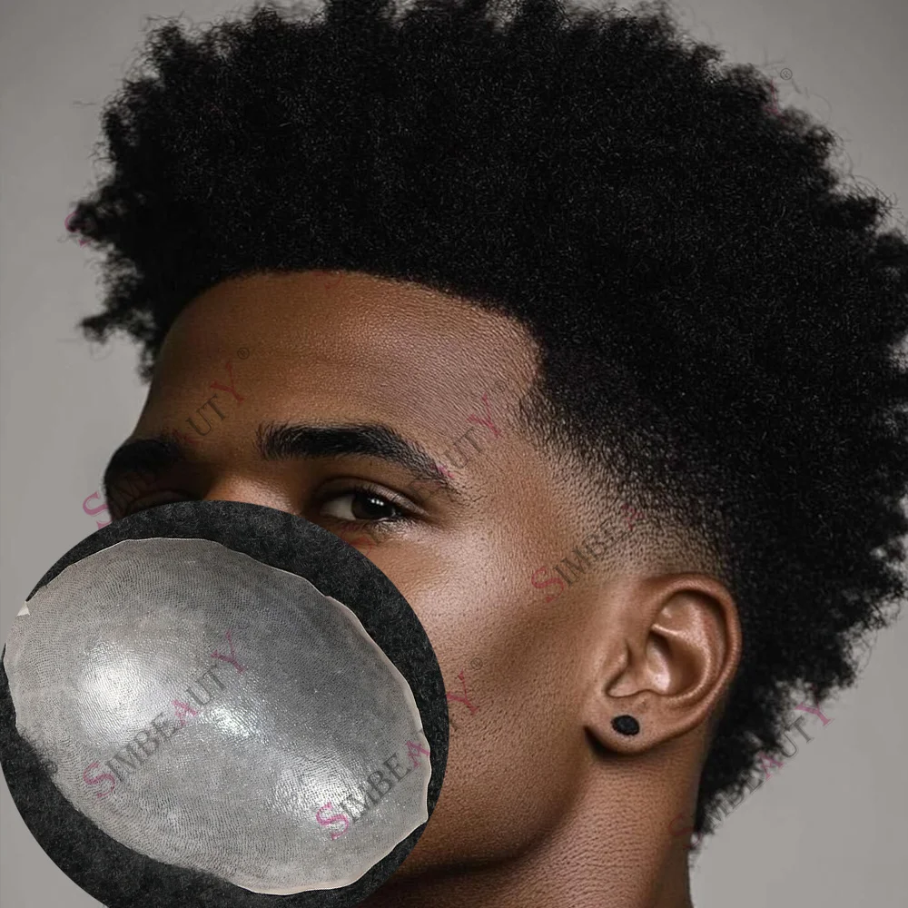 4mm Tight Curly Afro Black Man Hairpieces 100% Human Hair Toupee for Men Double Knots Skin Base Male Prosthesis Natural Hairline