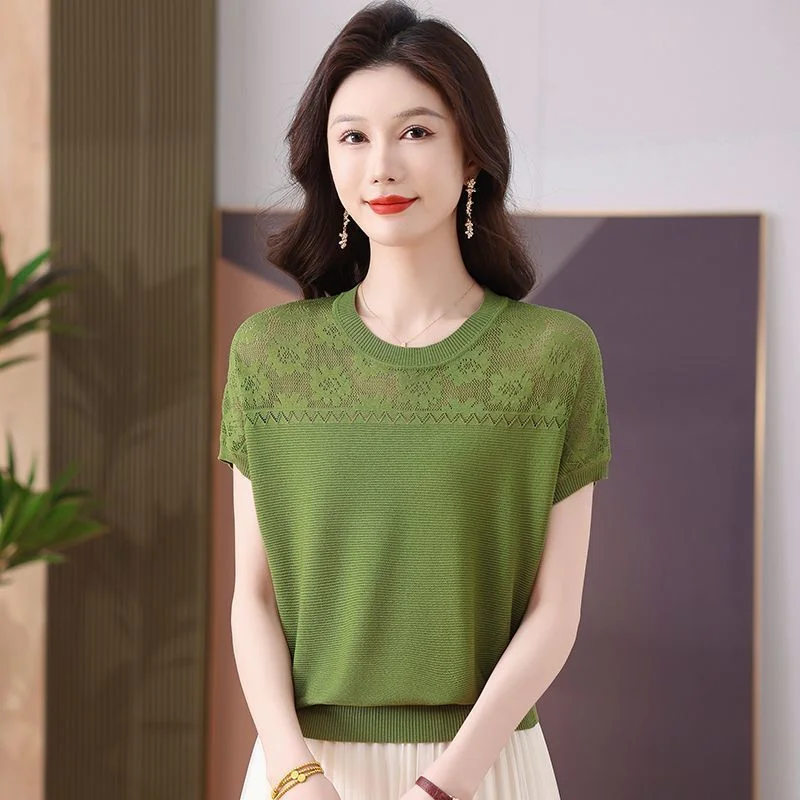 Hollow Crocheted Short-sleeved T-shirt Women’s Summer 2026 New Western Ice Silk Sweater Loose Slim Knitwear Ladies Pullover Top 2 Hollow Crocheted Short-sleeved T-shirt Women's Summer 2026 New Western Ice Silk Sweater Loose Slim Knitwear Ladies Pullover Top 2