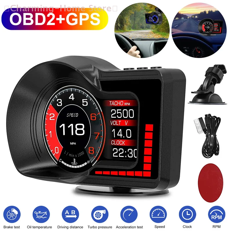 

【M】OBD GPS Dual System RPM Gauge Speedometer Milometer F15 Car Head Up Display HUD 6 Alarm Functions Accelerated Test