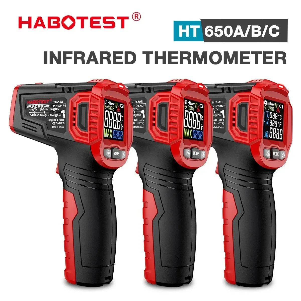 HABOTEST HT650 Digital Infrared Thermometer-50~380/550/800 Laser Non-Contact Pizza BBQ Grill Engine Industry IR Thermometer Gun