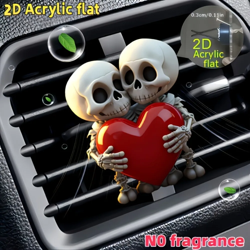 Flat Acrylic Halloween Couple Skull and Heart Pattern Car Aroma Diffuser Stone Car Air Outlet Decoration Car Interior Accessory