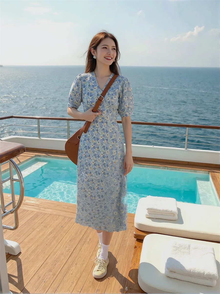 Vestidos Curtos com Mangas Bufantes e Estampa Floral para Mulheres, Vestido Mini de Primavera, Vestido de Formatura Boêmio com Camadas e Laços, Meio Aberto e Volumoso