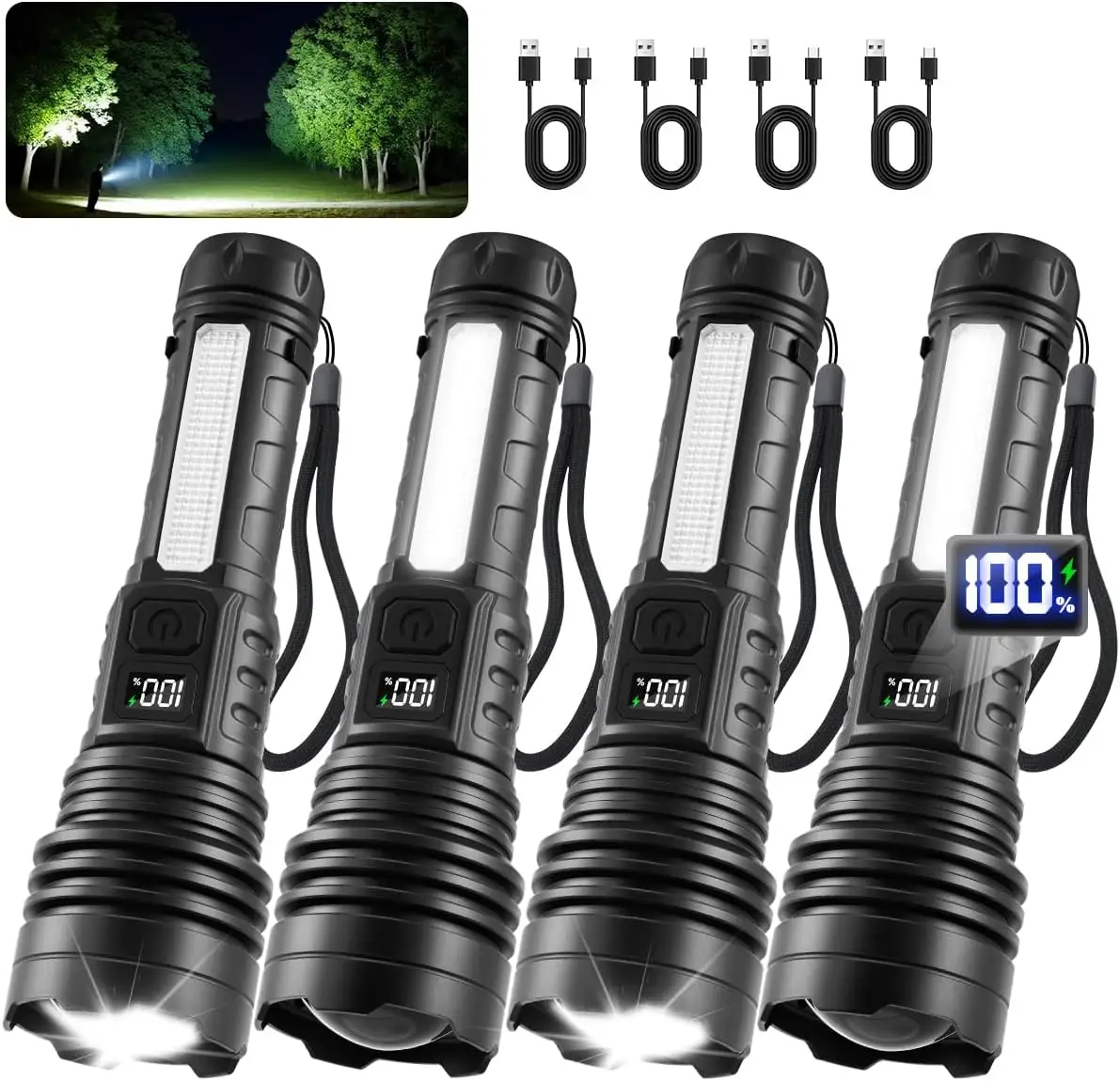 4Pack High Lumens 9900FL Rechargeable Flashlight with LCD Display, 7-Mode COB Tactical Light