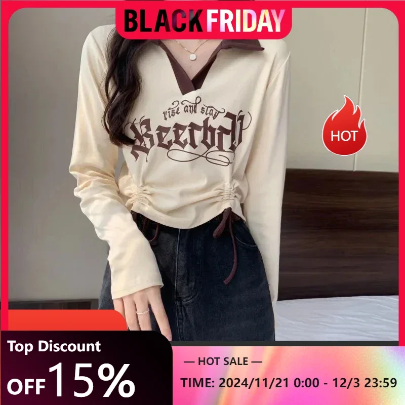 Yasuk Spring Autumn Women's Casual T-Shirts  Female Pullover Loose Tees Top Fake Two Piece Suit Preppy Style Gentle Letter